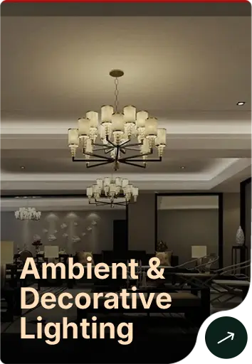 Showroom interior with two chandeliers; overlay text reads 'Ambient & Decorative Lighting' and a green arrow in the bottom-right.