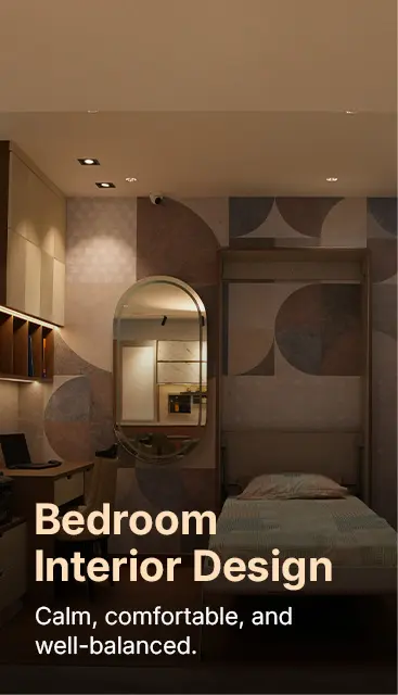 Bedroom interior design scene with a single bed, round wall mirror, desk and shelves, bathed in warm, calming lighting.