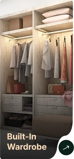 Interior of a built-in wardrobe with hanging clothes, shelves, bags, and drawers; overlay text reads 'Built-In Wardrobe'.