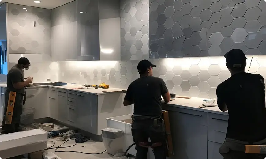 Three workers install a modern kitchen with a hexagonal tile backsplash and white cabinets under bright lighting at a renovation site.