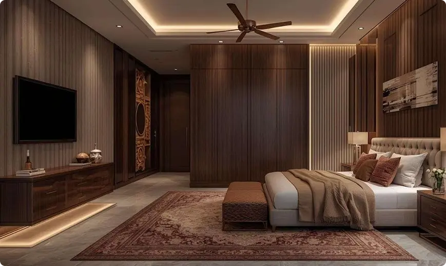 Luxurious dark-wood bedroom with a king bed, warm lighting, and a patterned area rug.