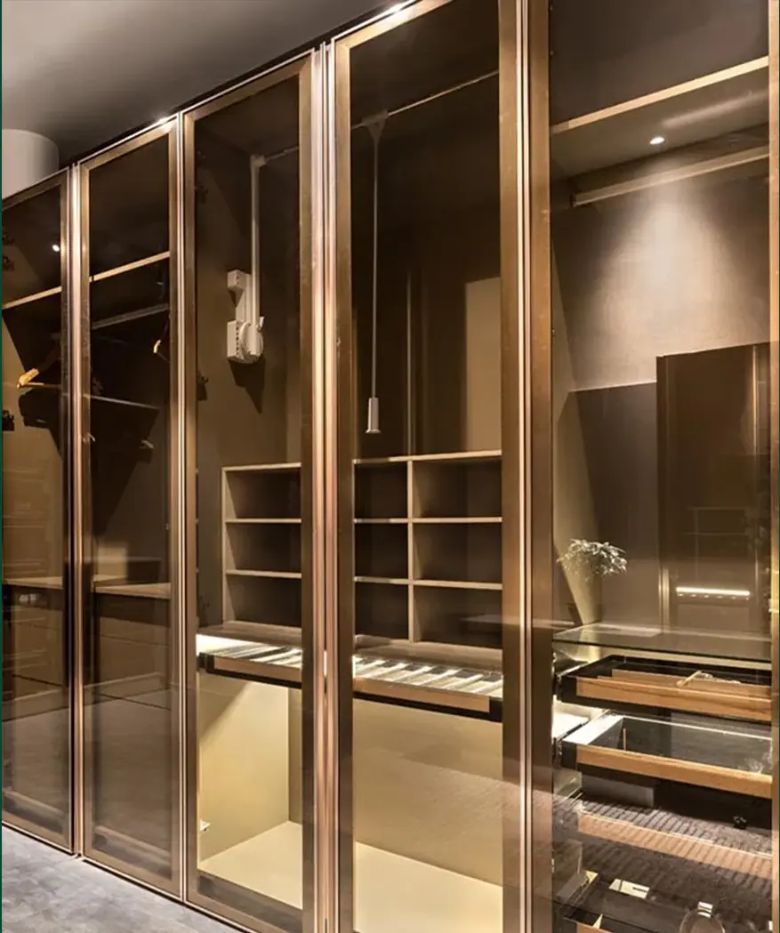 Modern glass-fronted storage cabinets with wooden frames, multiple open shelves and pull-out drawers, currently empty.