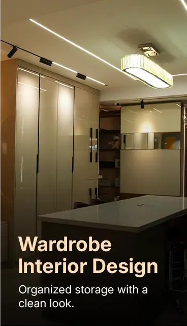 Showroom interior for wardrobe design with glass doors, built-in storage, and a white island, highlighting an organized, clean look.