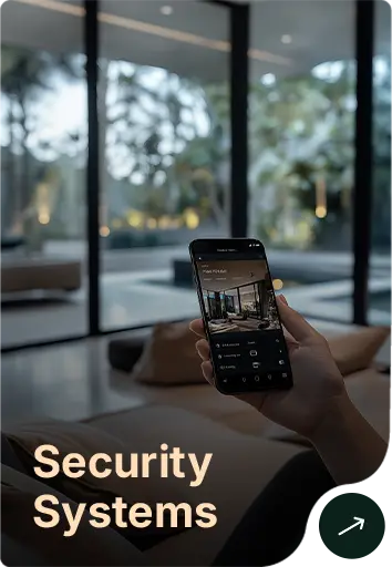 Close-up of a hand holding a smartphone displaying a security system app, with a glass-walled lobby in the background and the words 'Security Systems' overlaid.