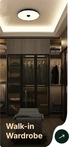 Interior of a walk-in wardrobe with glass-front cabinets, hanging clothes, shelves, and a bench; overlay text reads 'Walk-in Wardrobe' with a forward arrow.