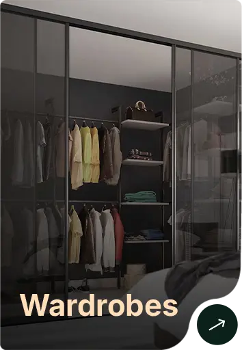 Glass-front wardrobe with hanging clothes and shelves, neatly organized; the word 'Wardrobes' is overlaid at the bottom-left.
