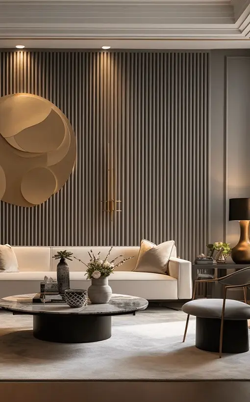 Contemporary living room with a white sofa, round marble coffee table, and a large abstract circular wall sculpture on a dark ribbed wall.