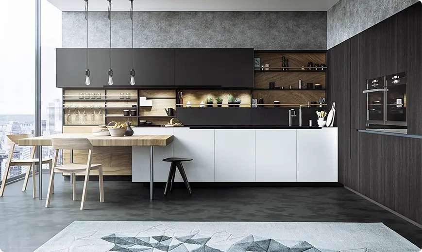 Modern, open-plan kitchen with black upper cabinets, white base cabinets, wood accents, and a light wooden dining table by a large window overlooking a cityscape.
